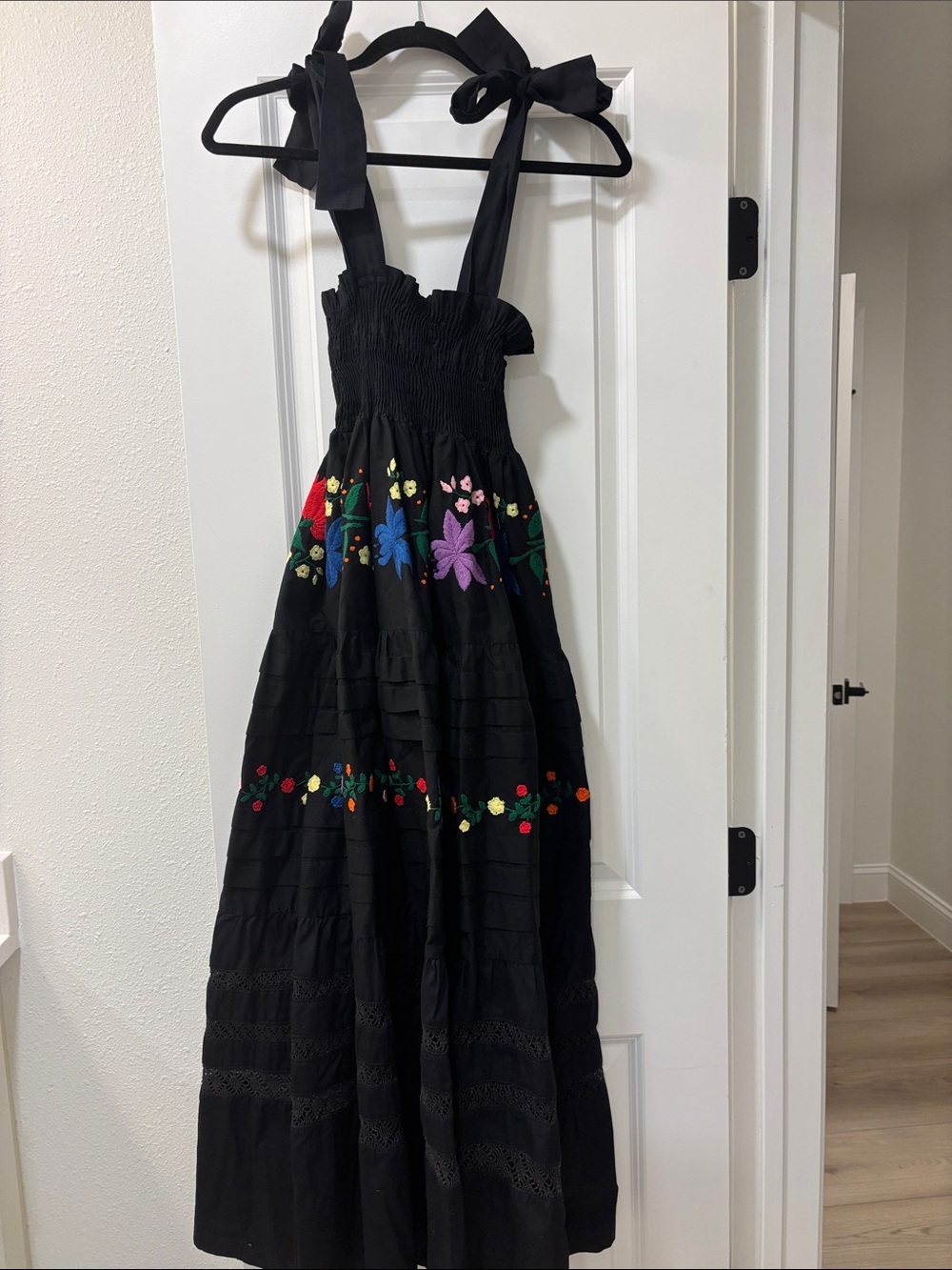 Mi Golondrina Black Maxi Dress with Multicolor Floral Embroidery